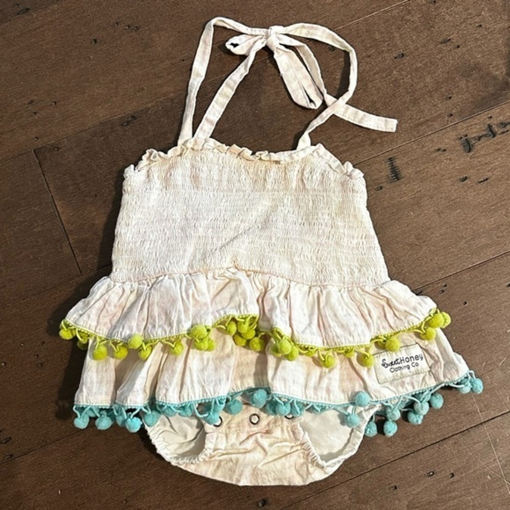 Vintage Sweet Honey 12M bubble romper, Pom Pom halter